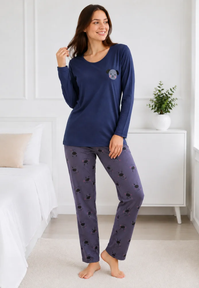 Pijama dama confortabila,bumbac cu maneca lunga si aplicatie catel,blumarin — imagine 3