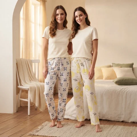 Pantaloni pijama damă,  talie elastică, imprimeu Panda și Cute Duck, Multicolori — imagine 1