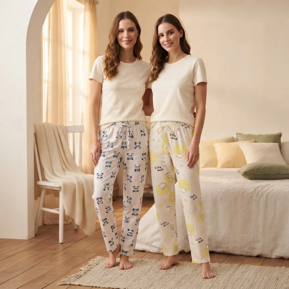 Pantaloni pijama damă,  talie elastică, imprimeu Panda și Cute Duck, Multicolori