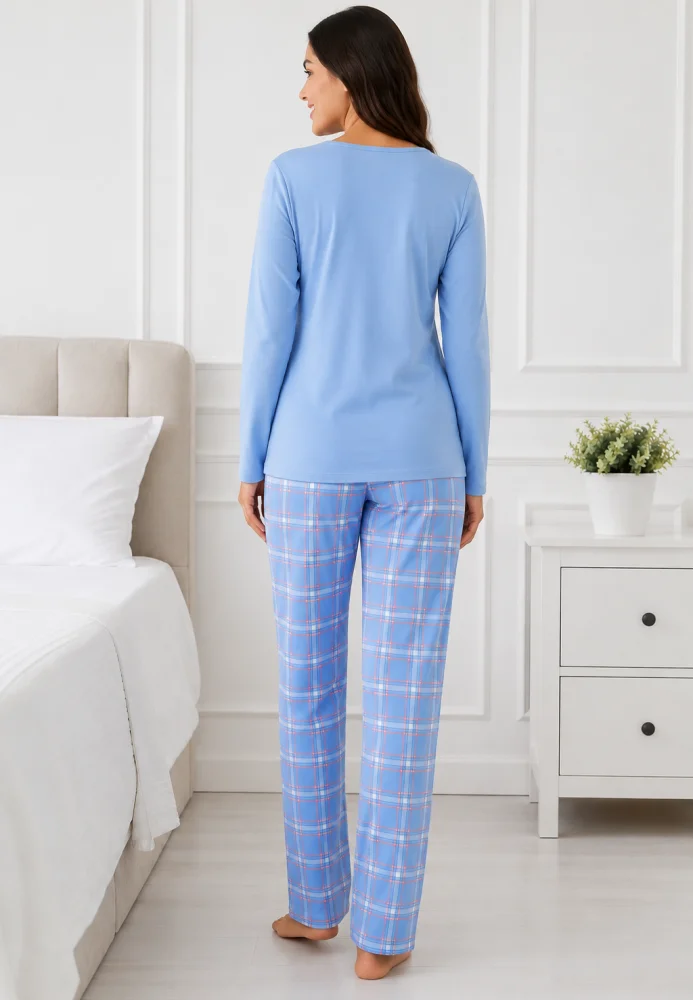 Pijama de dama din 2 piese, bluza cu maneca lunga si mesaj text, pantaloni lungi in carouri — imagine 2