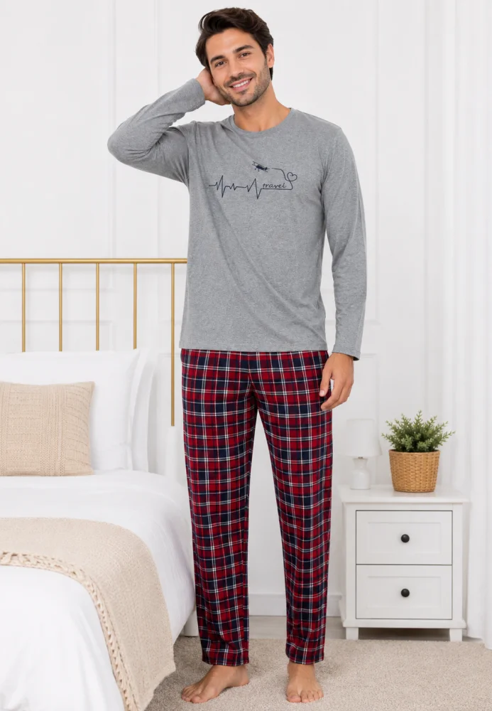 Pijama Bărbați Lejeră – Bluză Gri Melanj și Pantalon Carouri Roșu/Bleumarin — imagine 3