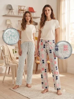 Pantaloni de pijamă dama, model cu Imprimeu, snur decorativ în talie, multicolor