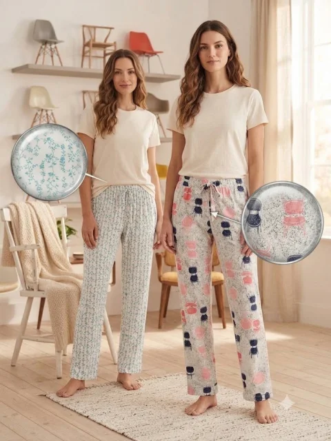 Pantaloni de pijamă dama, model cu Imprimeu, snur decorativ în talie, multicolor — imagine 1
