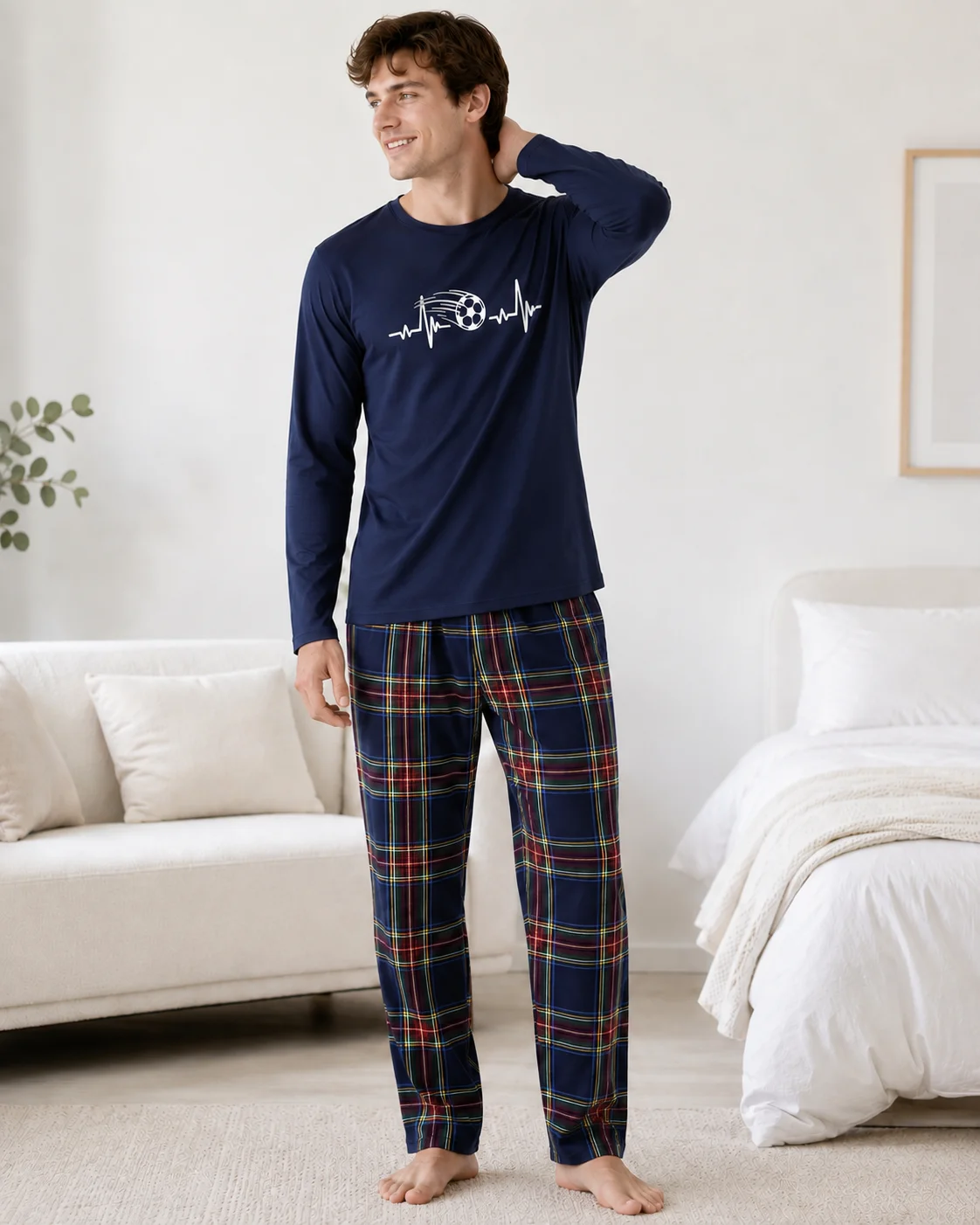 Pijama Bărbați cu Mânecă Lungă, bluză bumbac și pantalon în carouri,  Bleumarin și Pantalon Carouri — imagine 1