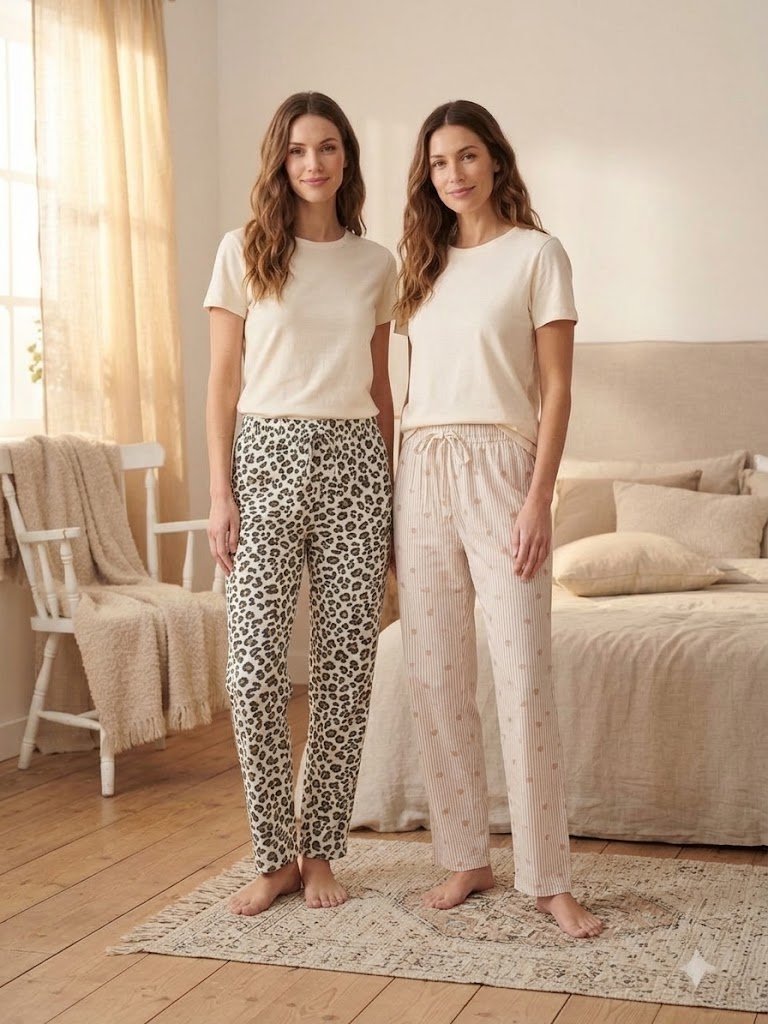 Pantaloni de Pijamă Damă, Imprimeu Leopard și Dungi cu Inimioare,Talie Elastică cu Șnur Decorativ, Multicolor