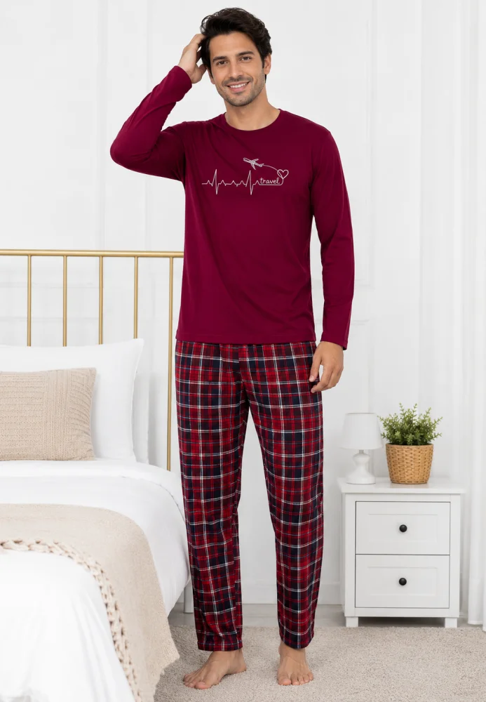 Pijama Bărbați  bumbac – Bluză Vișinie cu Imprimeu și Pantalon în Carouri — imagine 4