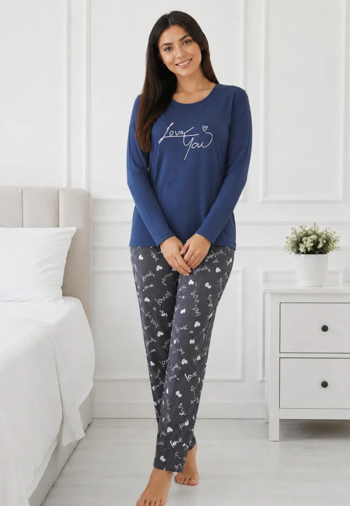 Pijama dama bumbac, set 2 piese bluza maneca lunga si pantaloni lungi, imprimeu inimi "Love You — imagine 3