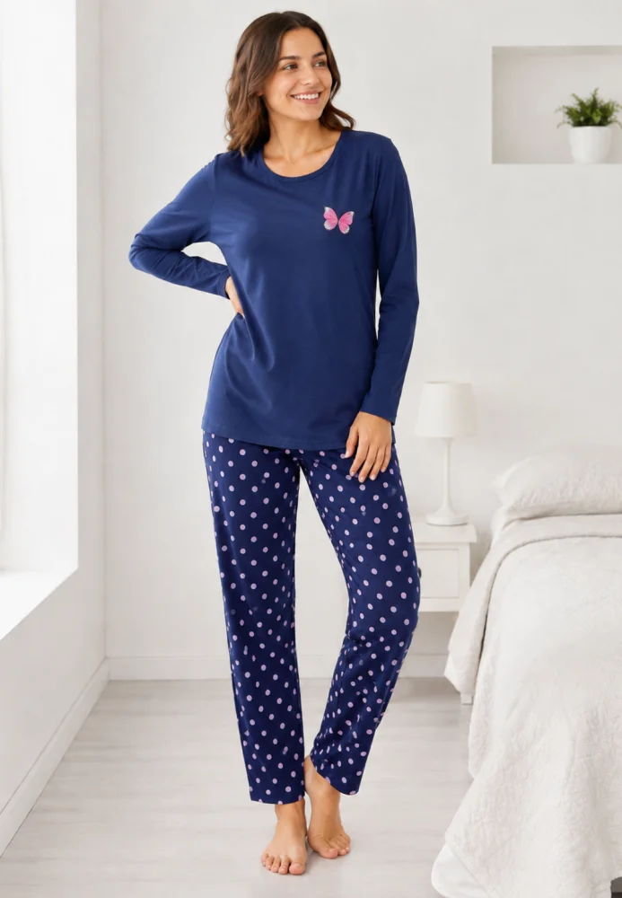 Pijama dama roz cu fluture si pantaloni bleumarin cu buline,bluemarin — imagine 1
