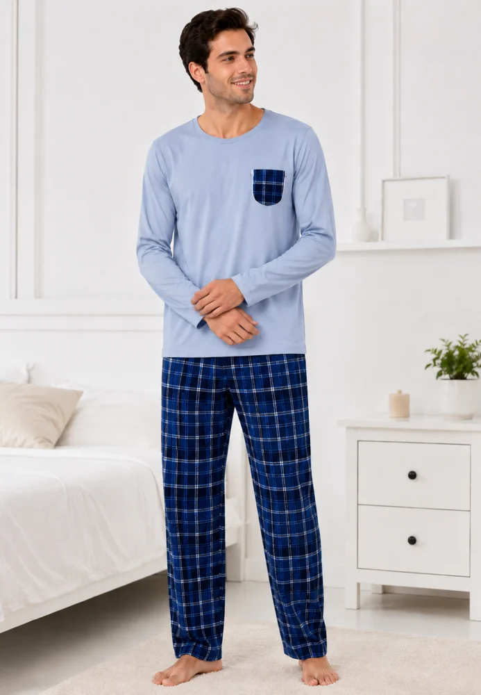 Pijama Bărbați Confortabilă din Bumbac: Bluză Albastru Deschis și Pantaloni Carouri — imagine 4