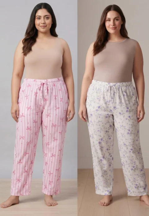 Pantaloni pijama dama Big Size, bumbac, Imprimeu fundite roz si flori violet,set de 2 perechi