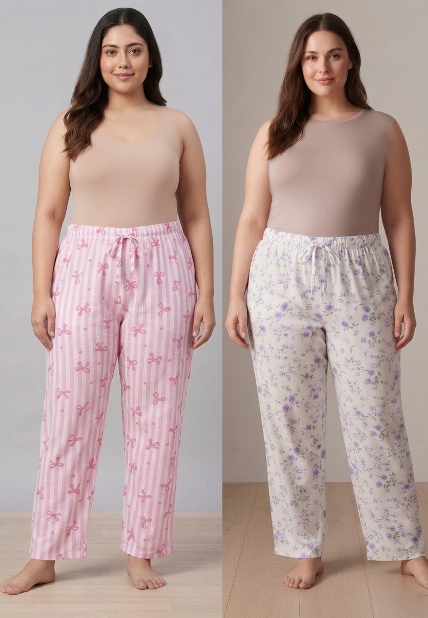 Pantaloni pijama dama Big Size, bumbac, Imprimeu fundite roz si flori violet,set de 2 perechi