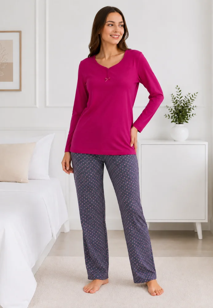 Pijama damă fucsia/magenta cu fundiță și pantaloni gri cu buline fine,  bumbac — imagine 3