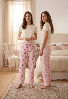 Pantaloni de  pijamă damă, Imprimeu Cireșe și Inimi, Talie Elastică cu Șnur Decorativ