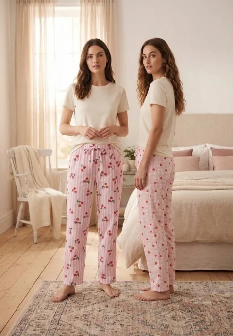 Pantaloni de  pijamă damă, Imprimeu Cireșe și Inimi, Talie Elastică cu Șnur Decorativ — imagine 1