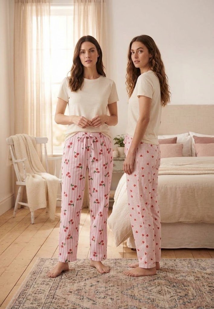 Pantaloni de  pijamă damă, Imprimeu Cireșe și Inimi, Talie Elastică cu Șnur Decorativ