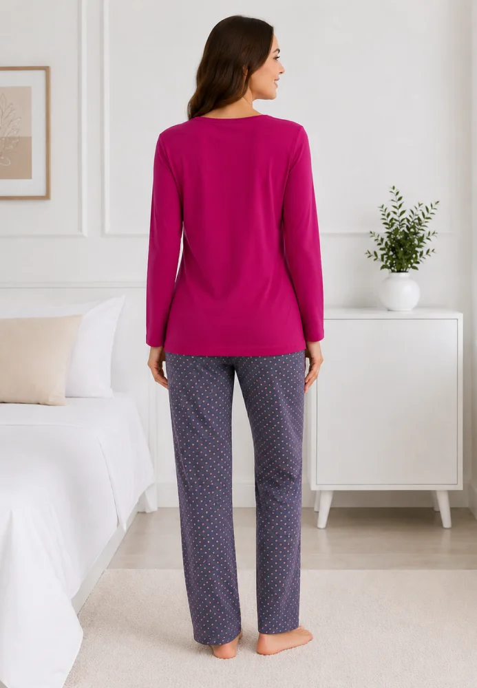 Pijama damă fucsia/magenta cu fundiță și pantaloni gri cu buline fine,  bumbac — imagine 2