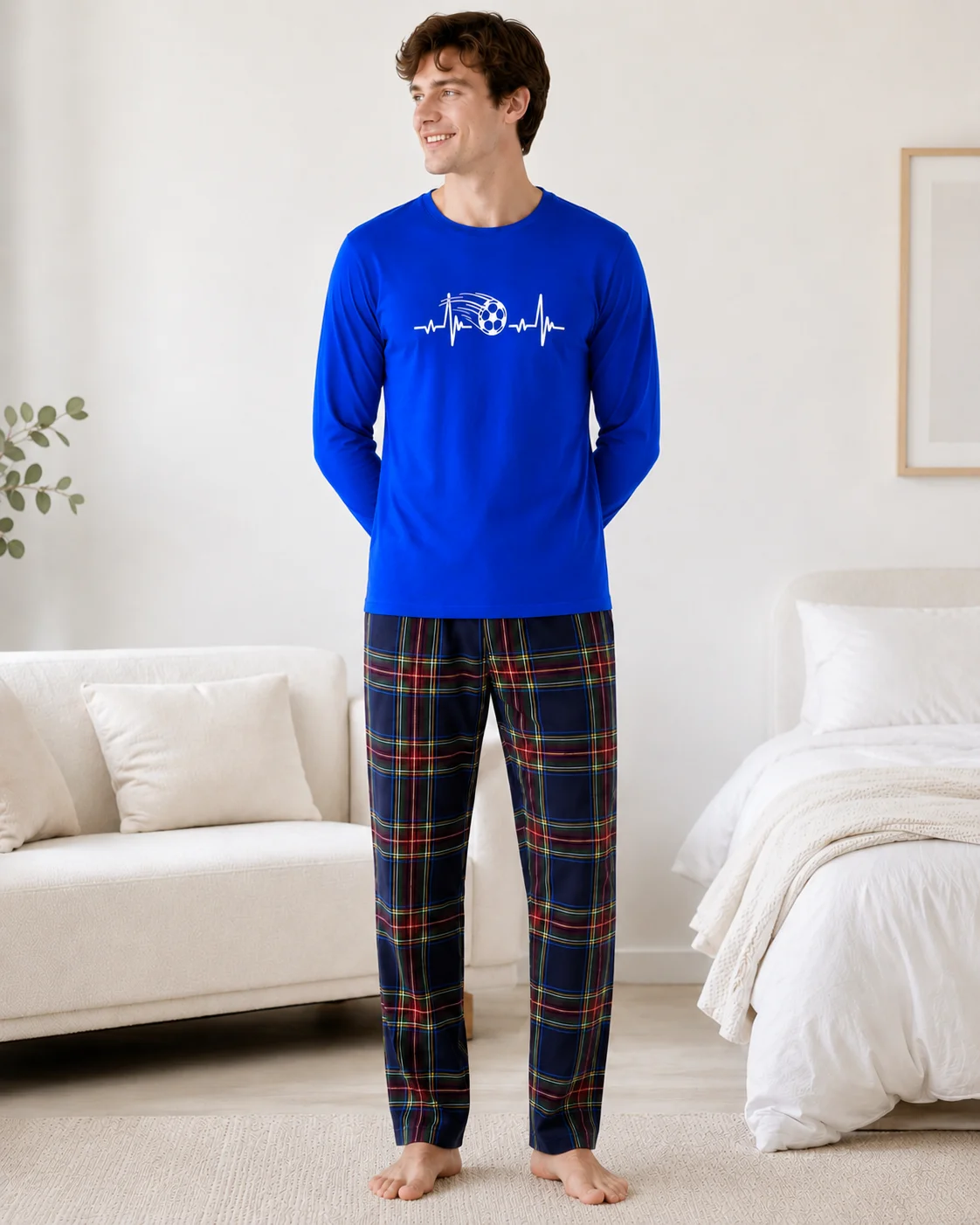 Pijama Bărbați Bumbac  – Bluză Albastru Regal și Pantalon Carouri Multicolor — imagine 1