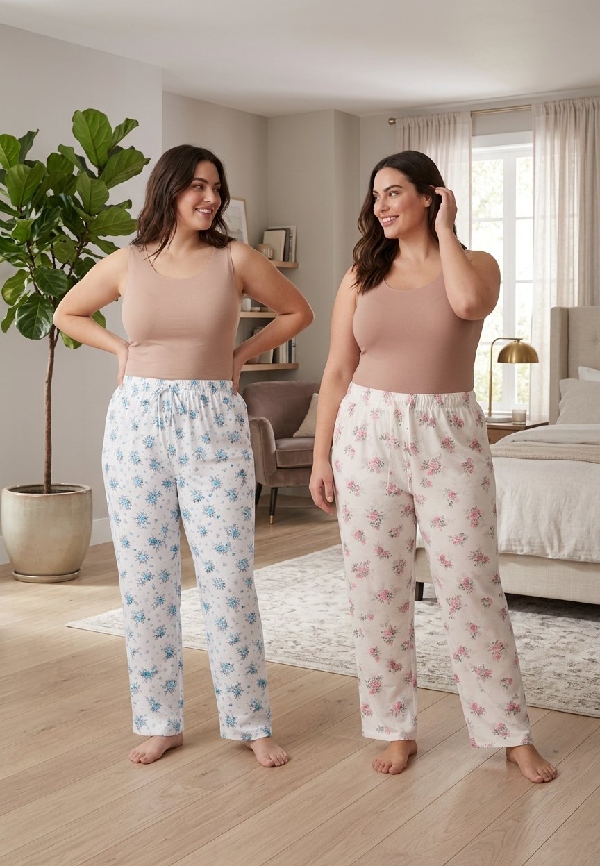 Pantaloni pijama dama marime mare, set 2 perechi, bumbac , Albastru/Roz, Talie cu snur decorativ