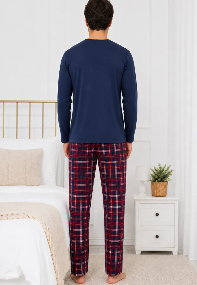 Pijama Bărbați Lejeră – Bluză Albastru Închis și Pantalon Carouri Roșu/Bleumarin — imagine 2