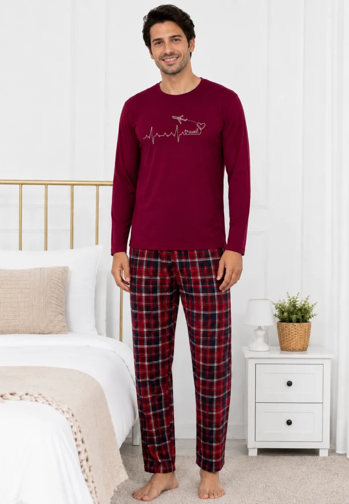 Pijama Bărbați  bumbac – Bluză Vișinie cu Imprimeu și Pantalon în Carouri