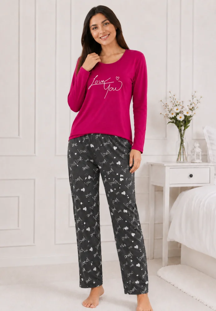 Pijama dama bumbac, set 2 piese bluza maneca lunga si pantaloni lungi, imprimeu inimi "Love You