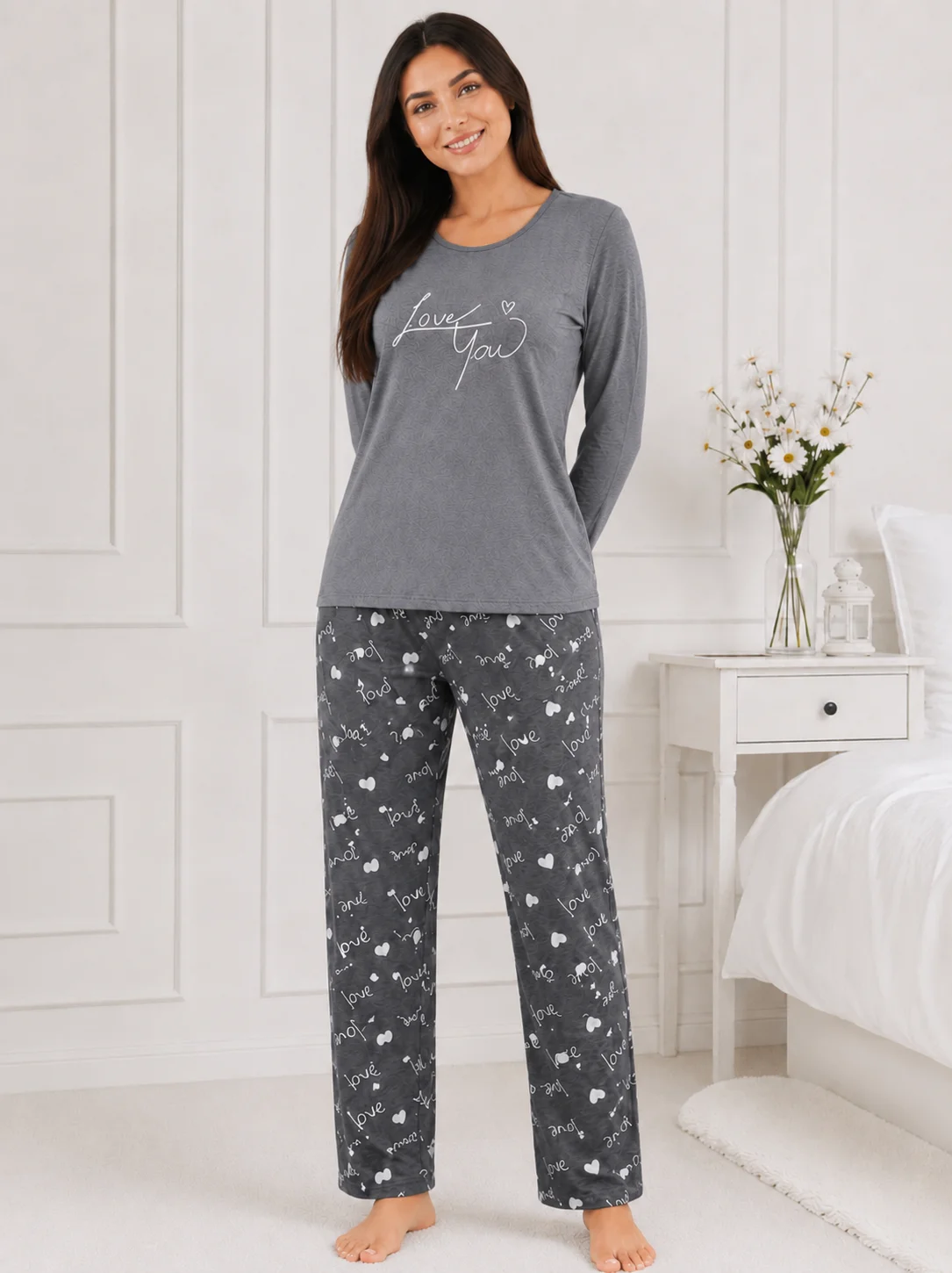 Pijama dama bumbac, set 2 piese bluza maneca lunga si pantaloni lungi, imprimeu inimi "Love You — imagine 4