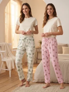 Pantaloni de Pijamă Damă, Imprimeu Inimi Verzi și Dungi Roz cu Ursuleți, Talie Elastică cu Șnur, Multicolor