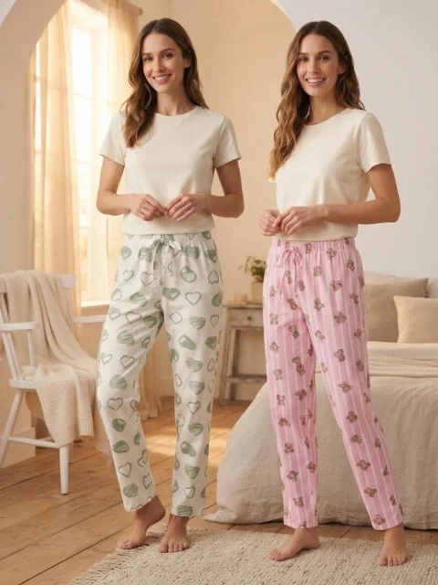 Pantaloni de Pijamă Damă, Imprimeu Inimi Verzi și Dungi Roz cu Ursuleți, Talie Elastică cu Șnur, Multicolor — imagine 1