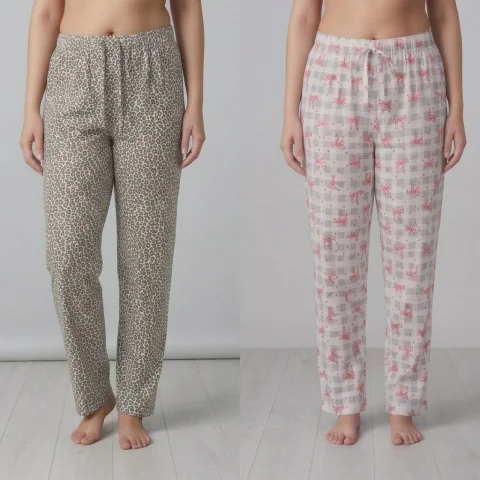 Pantaloni de casa dama Marimi Mari – Imprimeu Leopard si Carouri cu fundite
