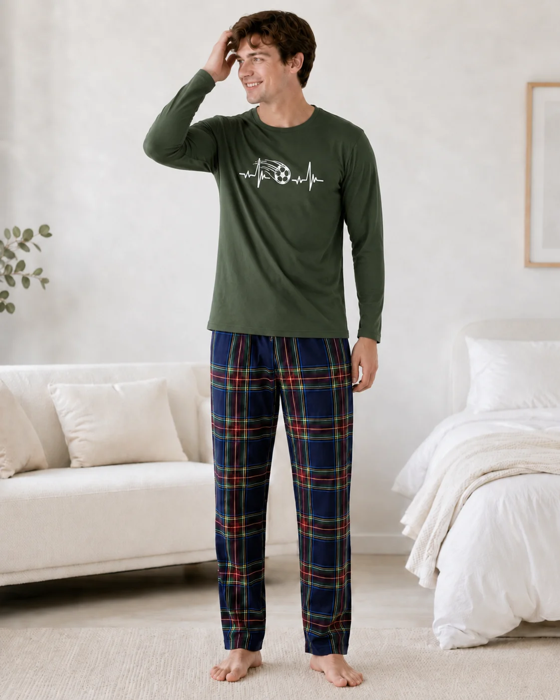 Pijama Bărbați Bumbac – Bluză Verde Kaki și Pantalon Carouri Multicolor