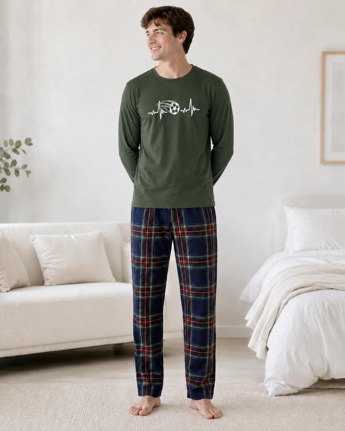 Pijama Bărbați Bumbac – Bluză Verde Kaki și Pantalon Carouri Multicolor — imagine 4