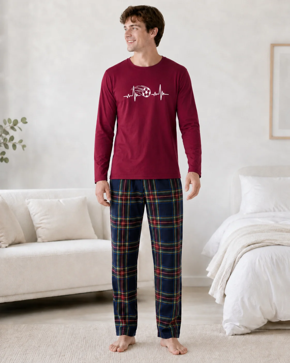 Pijama Bărbați Bordo cu Mânecă Lungă, Bumbac și Pantalon în Carouri Bleumarin — imagine 3