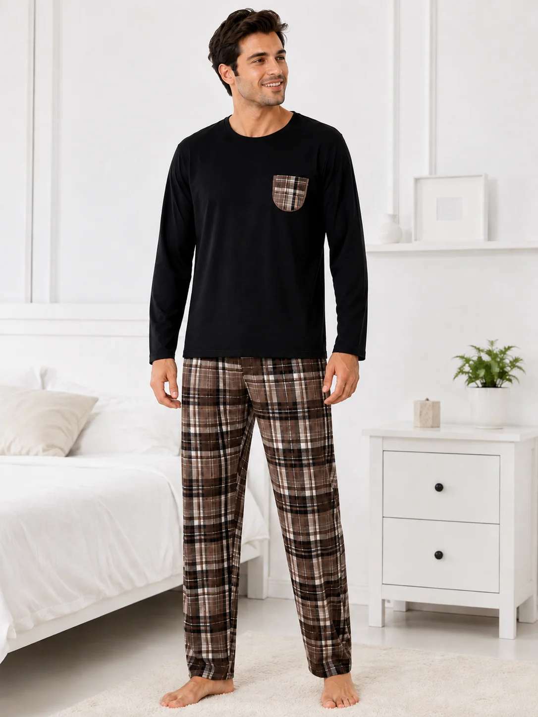 Pijama Bărbați, Bluza cu Mâneci Lungi și Pantalon Lung în Carouri, Negru și Maro, Bumbac — imagine 5