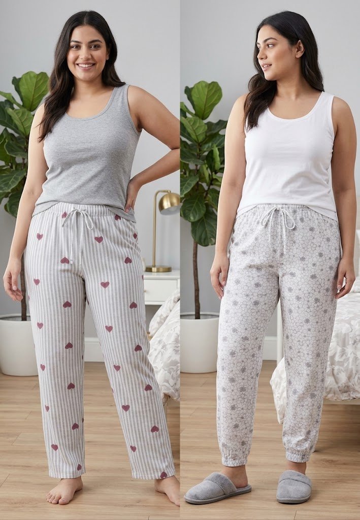 Pantaloni pijama dama Marimi Mari, set 2 perechi, Bumbac , Gri/Alb, Talie cu snur decorativ