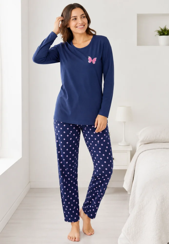 Pijama dama roz cu fluture si pantaloni bleumarin cu buline,bluemarin — imagine 4