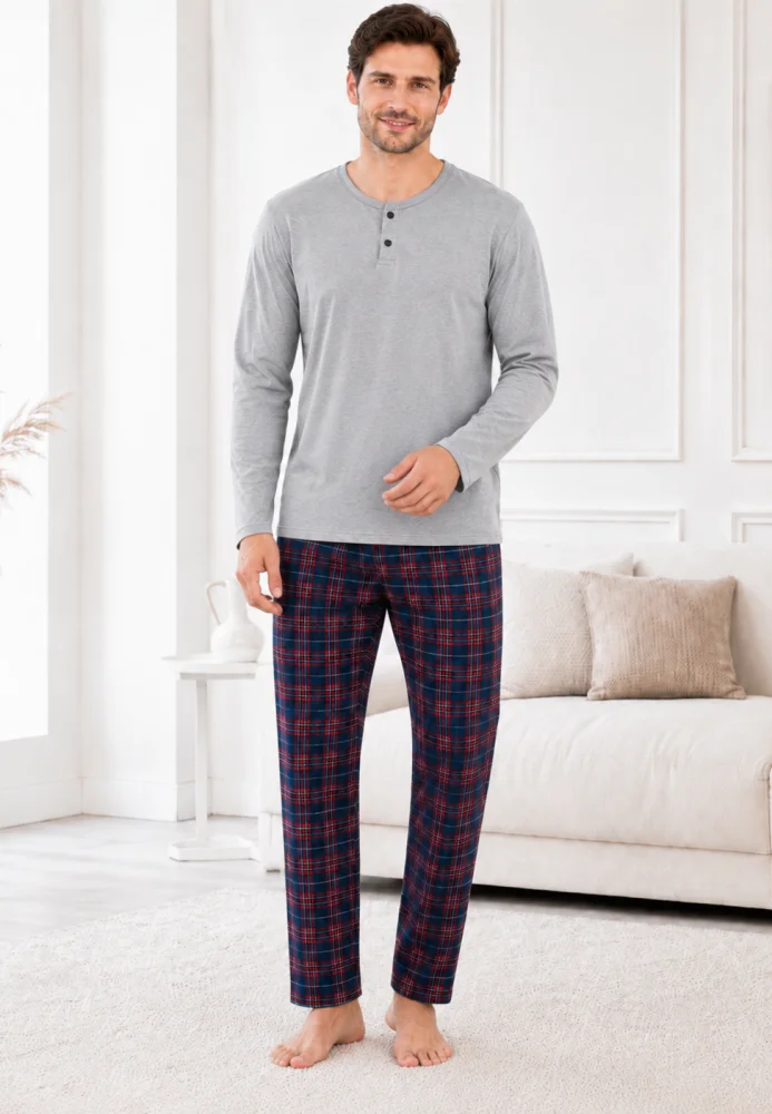Pijama Bărbați Bumbac, Bluză Gri cu Nasturi și Pantalon Carouri Bleumarin — imagine 3