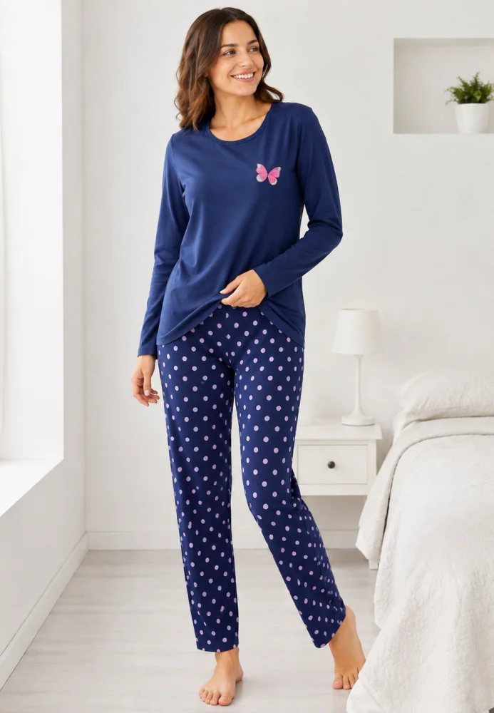 Pijama dama roz cu fluture si pantaloni bleumarin cu buline,bluemarin