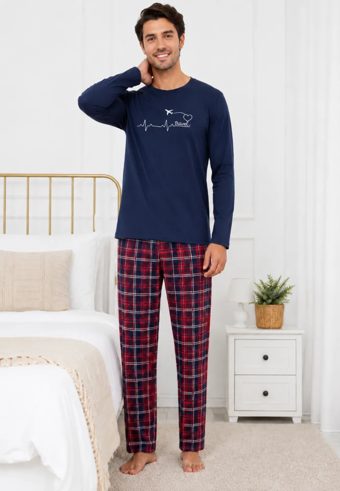 Pijama Bărbați Lejeră – Bluză Albastru Închis și Pantalon Carouri Roșu/Bleumarin — imagine 1