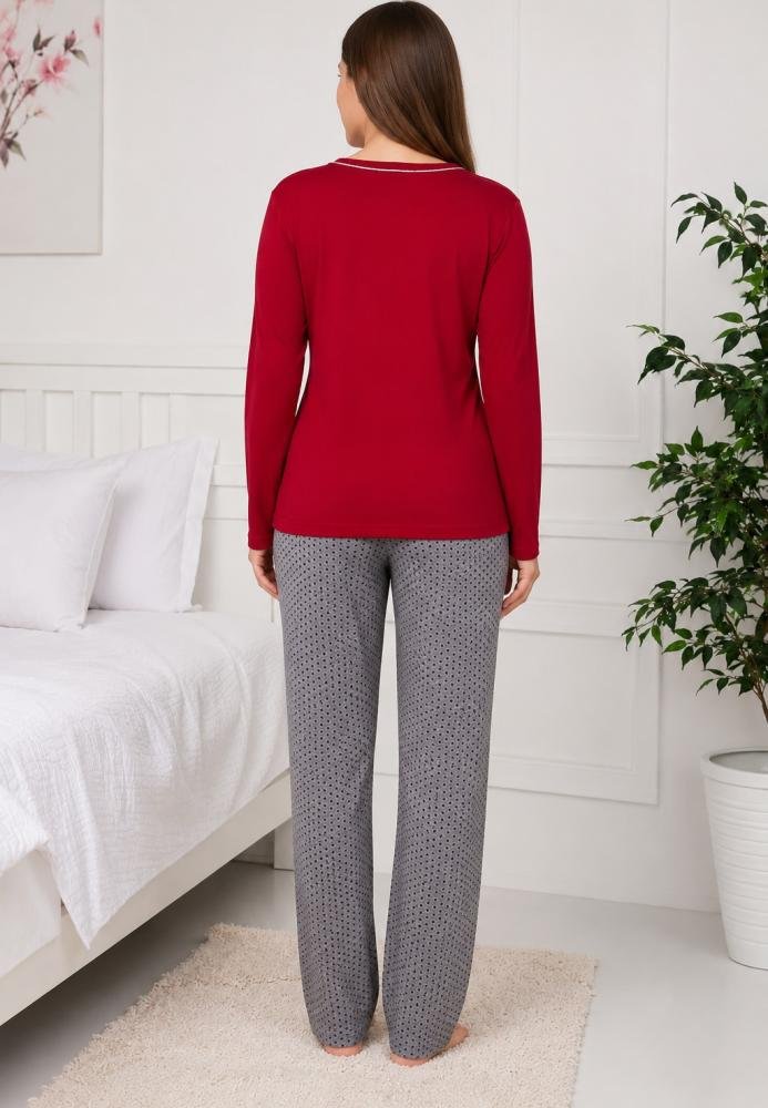 Pijama dama confortabila din bumbac,rou,cu maneca lunga si decolteu fin, pantalon lung gri cu imprimeu discret — imagine 2