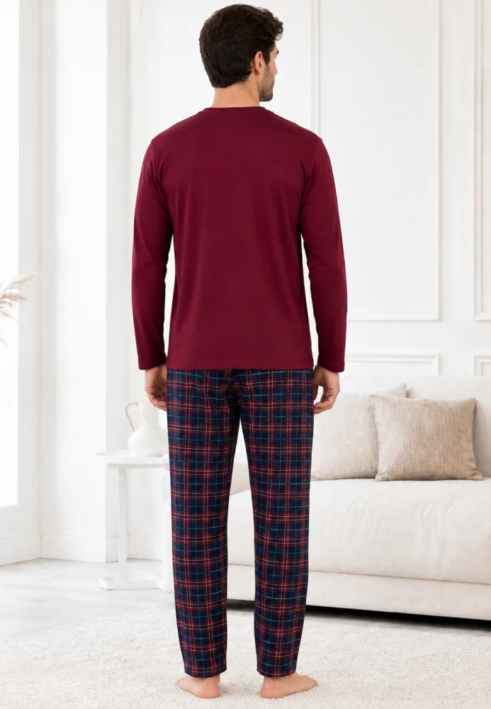 Pijama Bărbați Mânecă Lungă Bumbac – Bluză Vișinie cu Nasturi și Pantalon Carouri — imagine 2