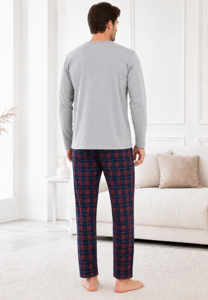 Pijama Bărbați Bumbac, Bluză Gri cu Nasturi și Pantalon Carouri Bleumarin — imagine 2