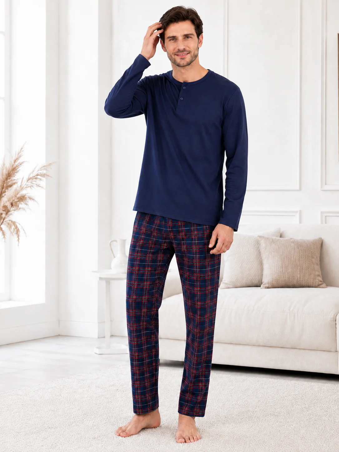 Pijama Bărbați  – Bluză Bleumarin cu Nasturi și Pantalon Carouri Bleumarin/Roșu — imagine 3