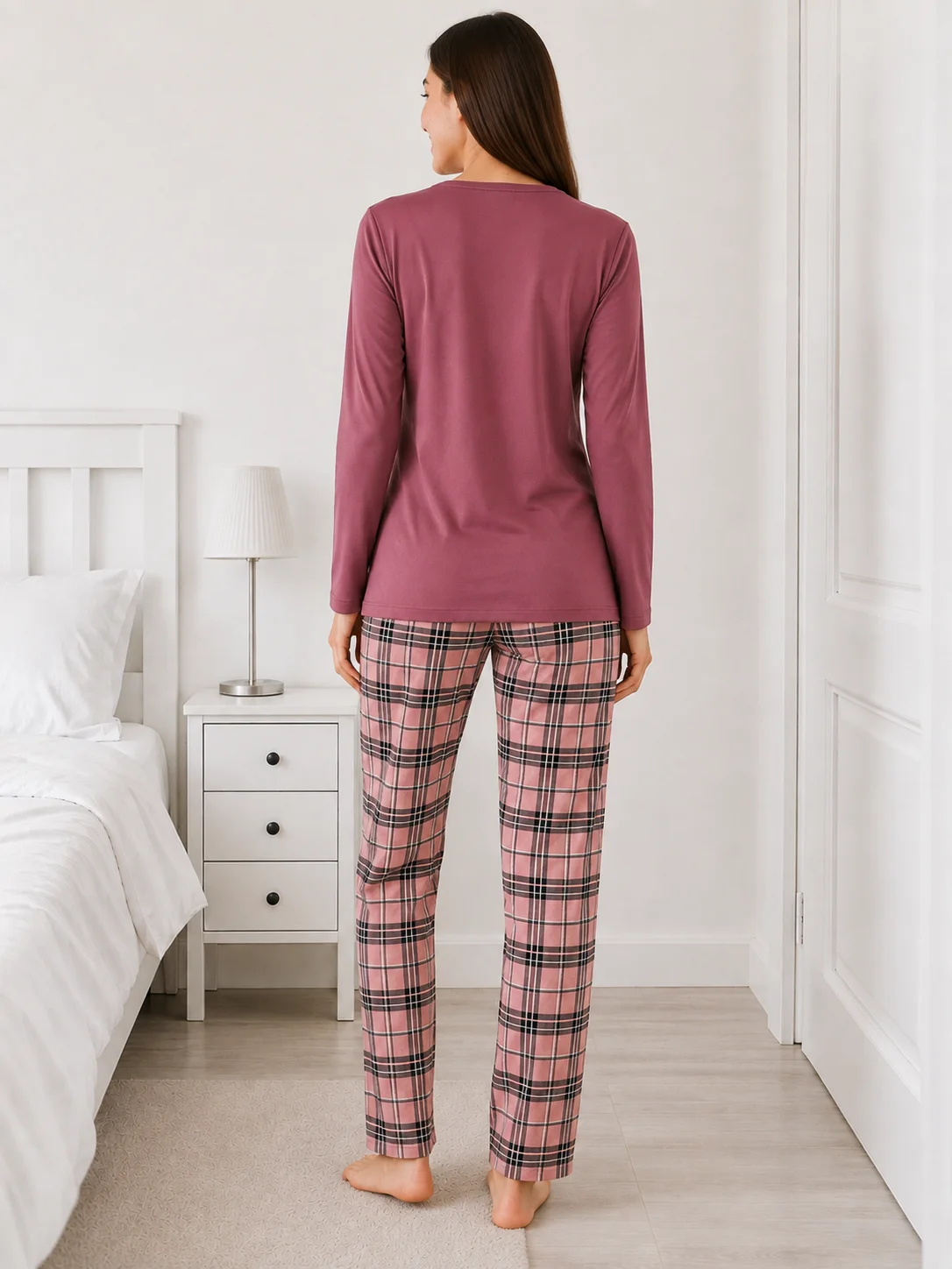 Pijama dama Visiniu, bluza cu maneca lunga si imprimeu ceasca de cafea, pantaloni lungi carouri — imagine 2