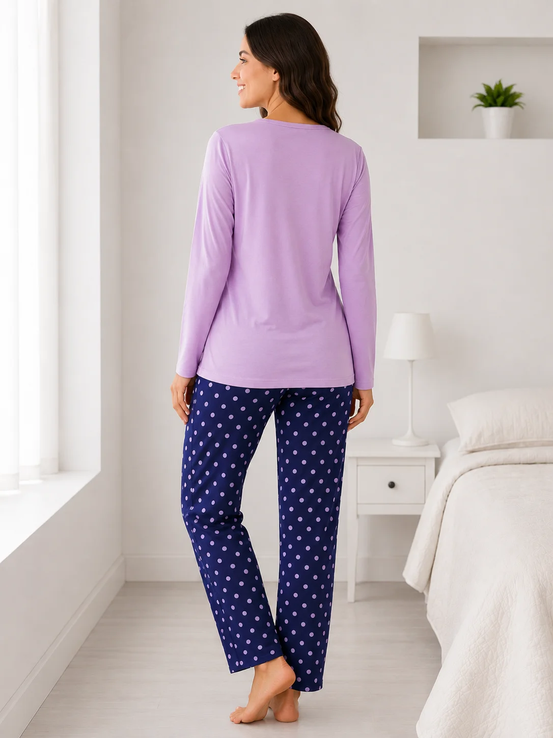 Pijama dama roz cu fluture si pantaloni bleumarin cu buline,mov — imagine 2