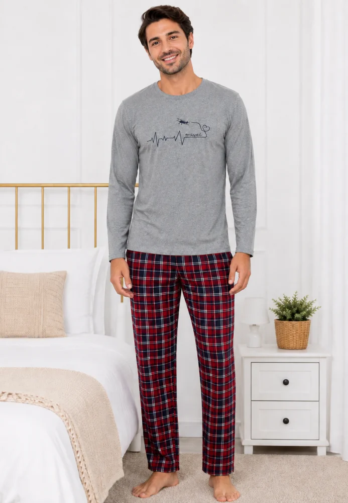 Pijama Bărbați Lejeră – Bluză Gri Melanj și Pantalon Carouri Roșu/Bleumarin