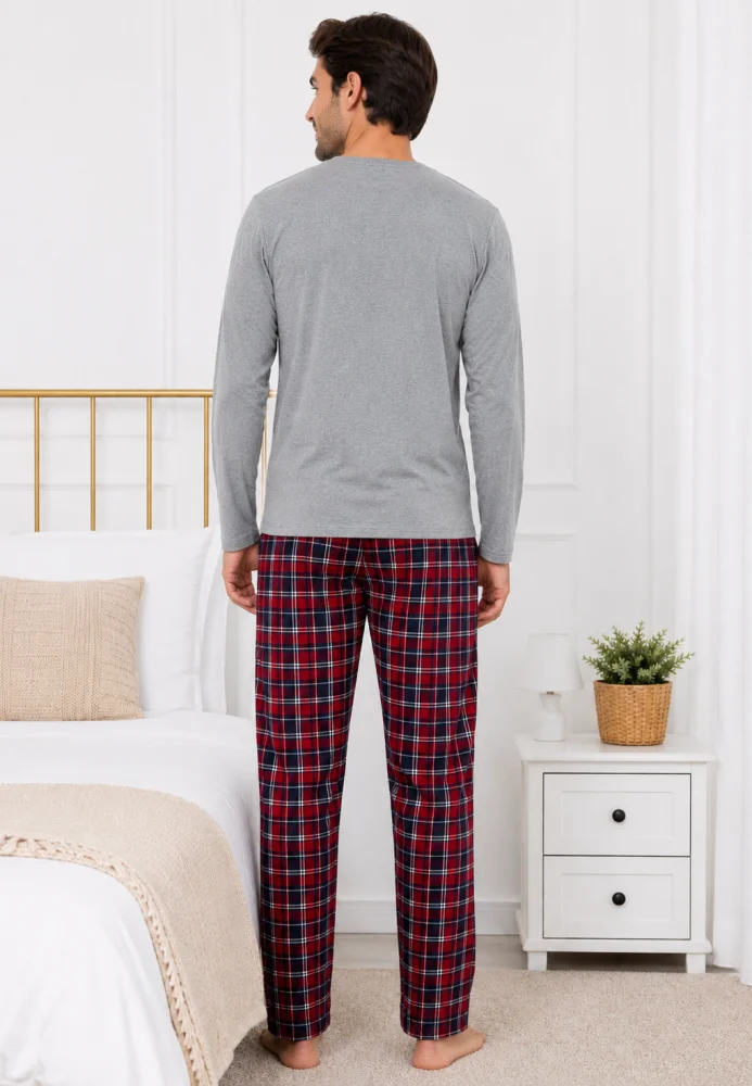 Pijama Bărbați Lejeră – Bluză Gri Melanj și Pantalon Carouri Roșu/Bleumarin — imagine 2