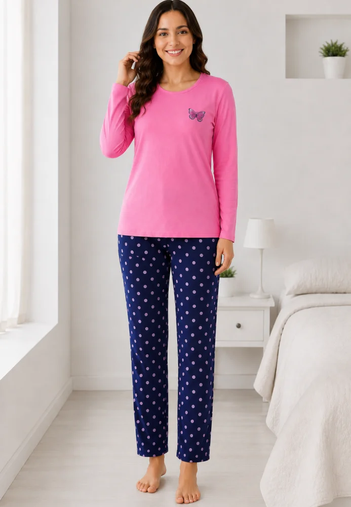 Pijama dama roz cu fluture si pantaloni bleumarin cu buline, bluză bumbac — imagine 3