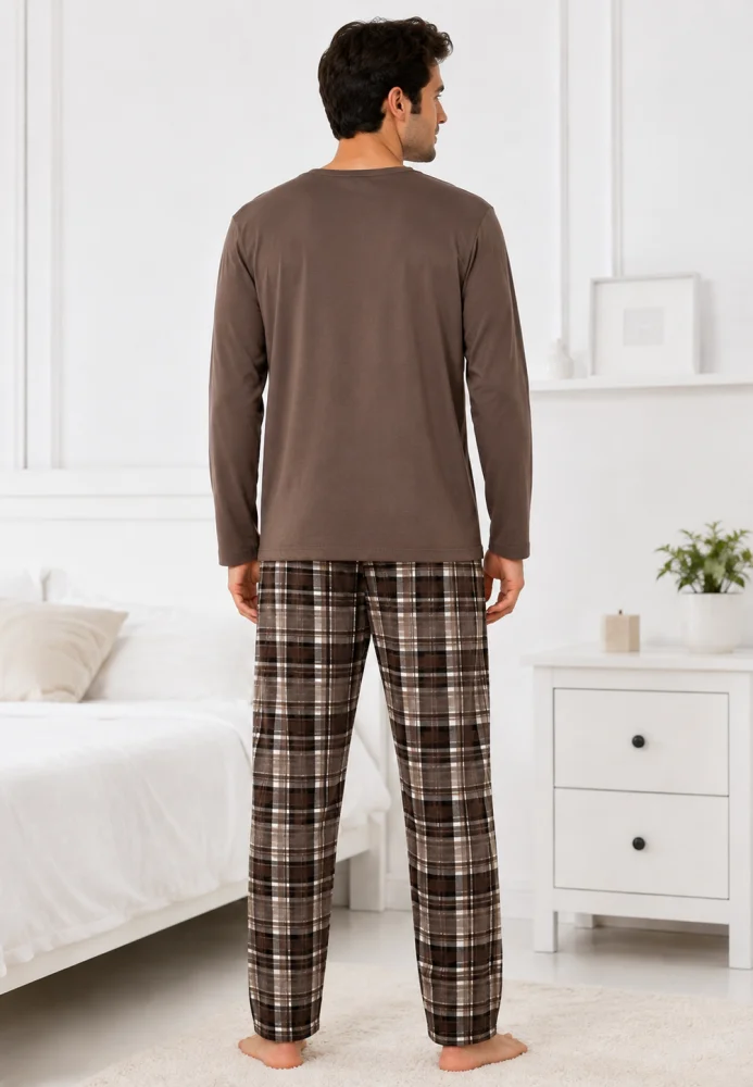 Pijama Bărbați cu Bluza Maro și Pantalon Lung în Carouri, Mâneci Lungi — imagine 2