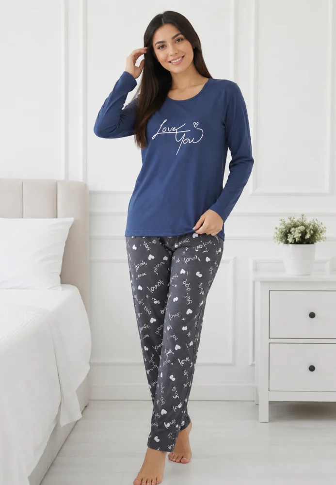 Pijama dama bumbac, set 2 piese bluza maneca lunga si pantaloni lungi, imprimeu inimi "Love You — imagine 4