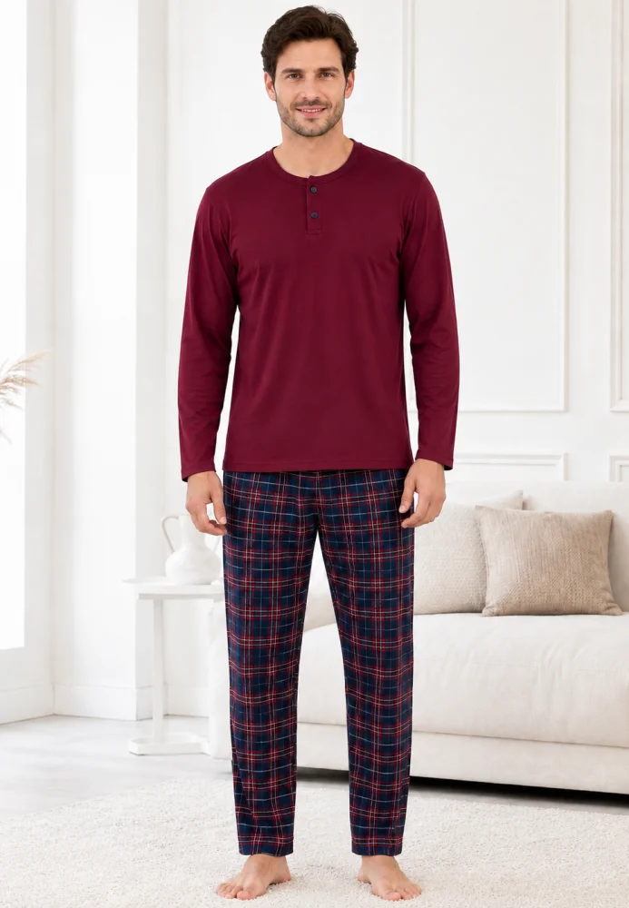 Pijama Bărbați Mânecă Lungă Bumbac – Bluză Vișinie cu Nasturi și Pantalon Carouri — imagine 3